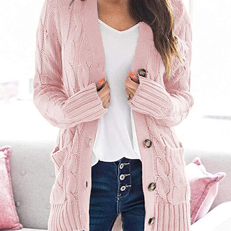 Women's Long Sleeve Knitted Sweater Front Open Cardigan Button Loose Jacket