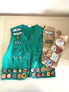 Vintage Girl Scouts Vest (Size L) & Sash with Pins & Patches, Penn Lakes Council
