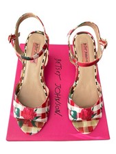 Betsey Johnson Athena Red Multi Rose Gingham Wedge Sandals Size 7.5 Women