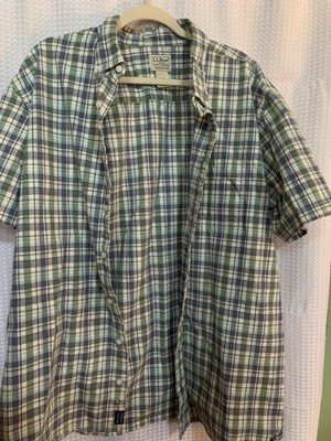 LL Bean Men Size XL TALL Shirt Button Down Top Short Sleeve Green Check Plaid