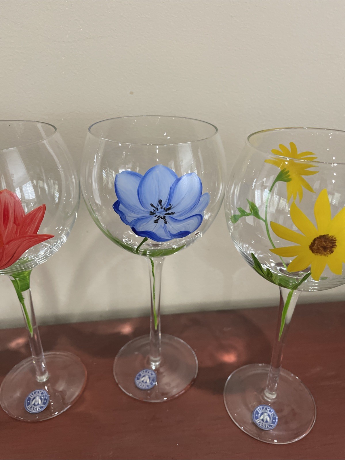 Hand Painted Floral Balloon Wine Glasses Various Flowers Never Used Set of Four