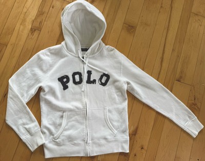 Women’s Polo Ralph Lauren White Hoodie Distressed Logo Soft Size M Zip Up  Nice!!