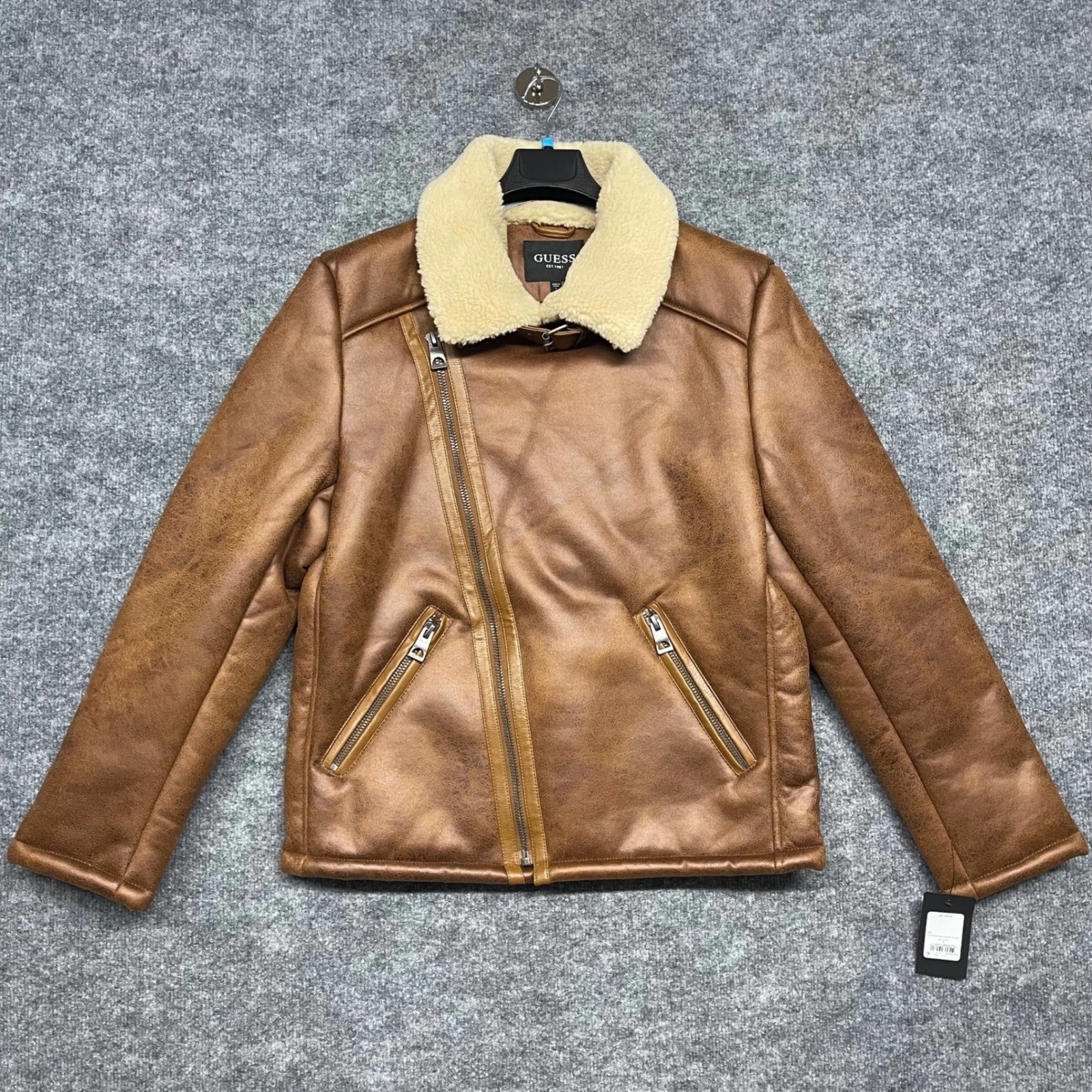 Guess Jacket Mens Large Brown Faux Shearling Asymmetric Moto Toni DF Biker Coat - product detail image 2