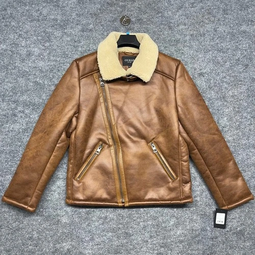 Guess Jacket Mens Large Brown Faux Shearling Asymmetric Moto Toni DF Biker Coat image 2
