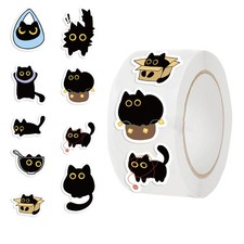 Black Cat Sticker Rolls - 500Pcs Funny Cartoon Black Kitten Stickers Gift