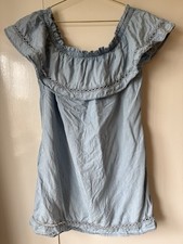 Size 14 F&F Light Blue Denim Effect Mini Dress Lace Off Shoulder Summer Holiday