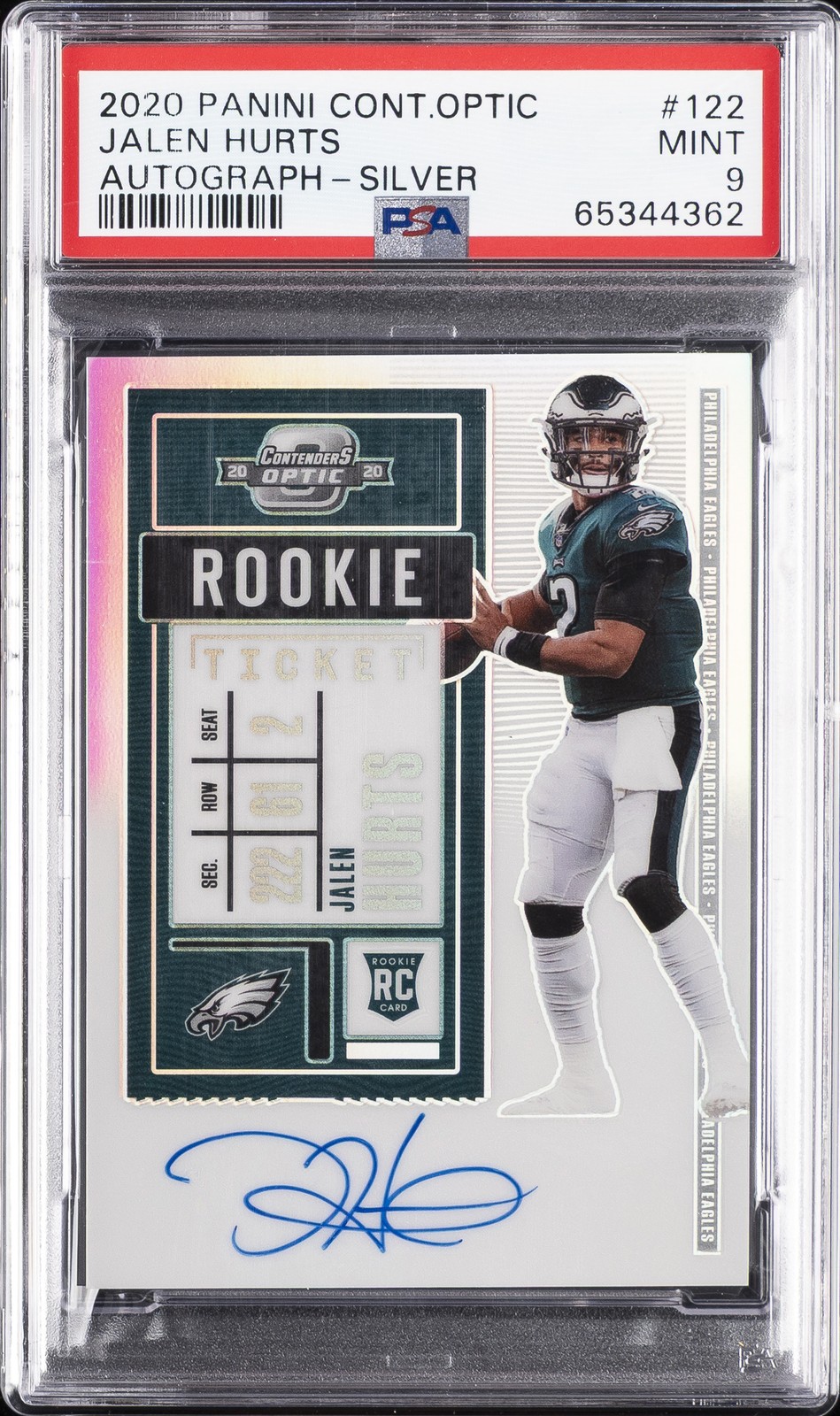 2020 PANINI CONTENDERS OPTIC AUTO-SILVER #122 JALEN HURTS ROOKIE RC PSA 9