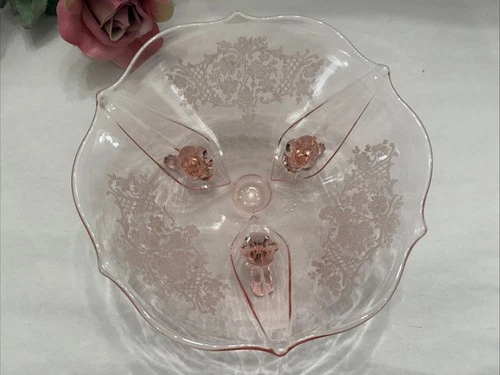 Vtg Lancaster Pink Depression Glass Landrum Footed Candy Dish Console Bowl Etch