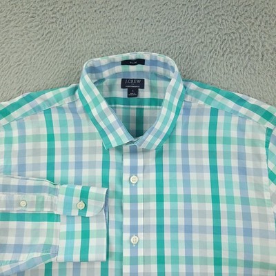 J.Crew Performance Shirt Mens Large Blue Green Check Slim Stretch Long Sleeve
