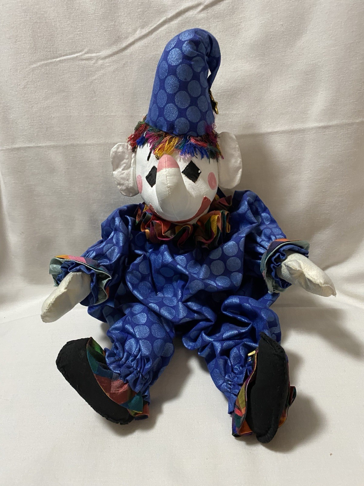 Vintage Cute Shelf Sitter Colorful Elephant Clown Doll,  Shiny Blue Fabric  13