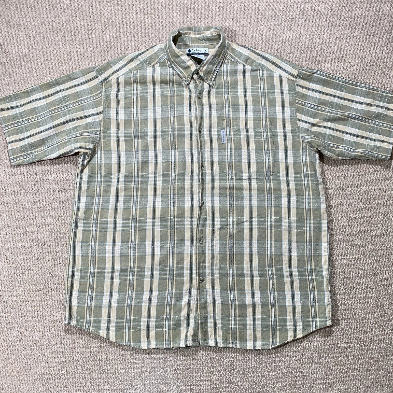 Columbia Shirt Mens XL Green Beige Check Short Sleeve Outdoor Hiking Textured