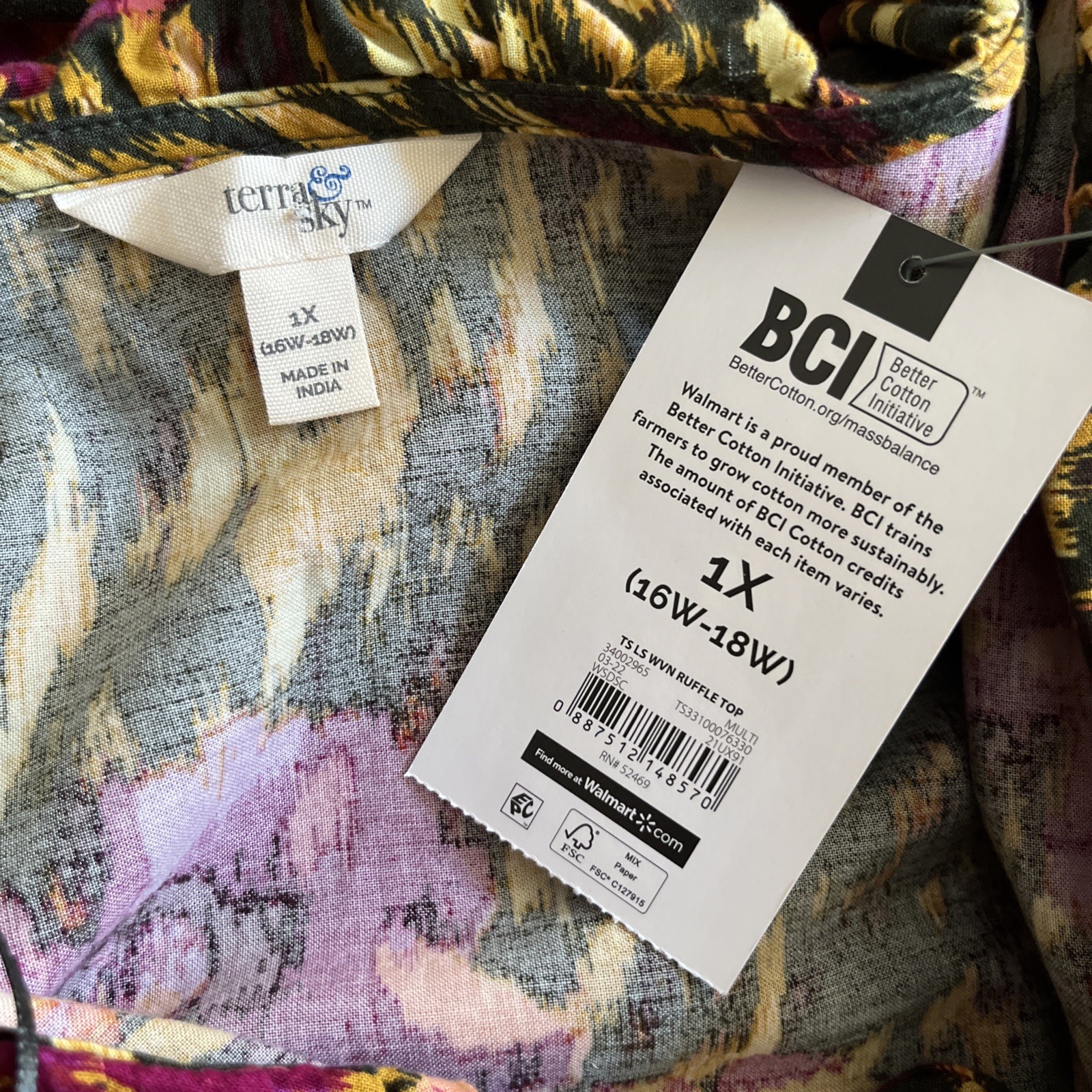 NEW Terra & Sky Top Women 1X 16W-18W Multicolor Long Sleeve Button Ruffle Blouse