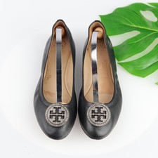 Tory Burch Womens Liana Ballet Flats Size 8 Black Leather Rhinestone Logo Shoes