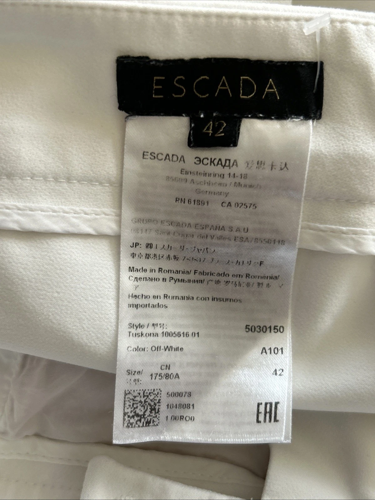 OFF WHITE Pantaloni eleganti Escada Off White US XL 42 pantaloni carriera bottoni alla caviglia
