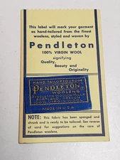 Vtg PENDELTON Woolen Mills Hand Tailored Label Tag 100% Virgin Wool - on Card