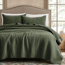 100 Cotton King Size Quilt Set - Olive Green Striped Pick Stitch Soft Lightw...