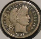 Silver Dime - Barber - 1905 (Half of Liberty.  Spotty tarnish.)