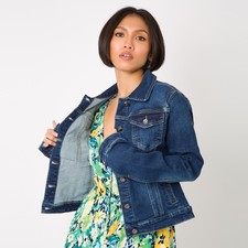 Women Dark Blue Faded Stretch Denim Jacket Classic Casual Crop Coat Button Down