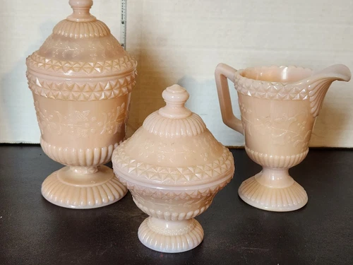 3 Vtg Mosser Degenhart Milk Glass Pink Forget Me Not Creamer Sugar Compote