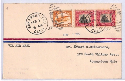 USA Air Mail Cover 1927 10c RATE FIRST DAY San Francisco Ohio Youngstown YT239