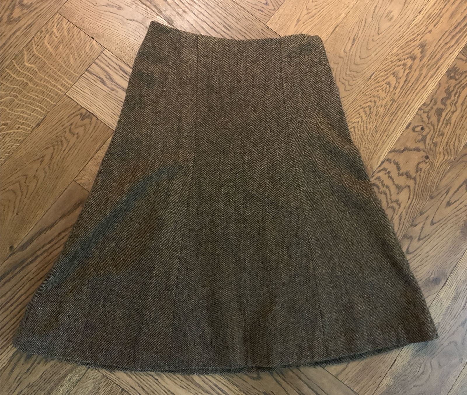 Brora Lovely Brown Tweed Wool Herringbone Stripe Skirt Panelled A