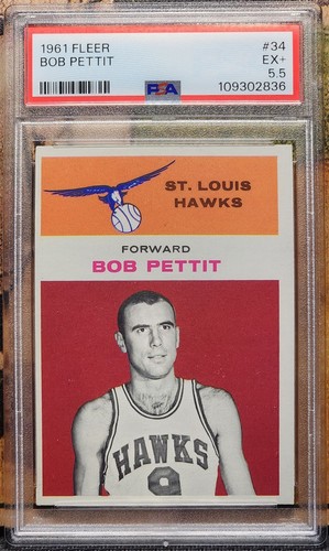 BOB PETTIT 1961 Fleer Basketball #34 Graded PSA 5.5 ST LOUIS HAWKS HOF Vintage