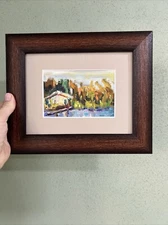 Original oil painting river landscape on cardboard impressionists  By Shrub Anna