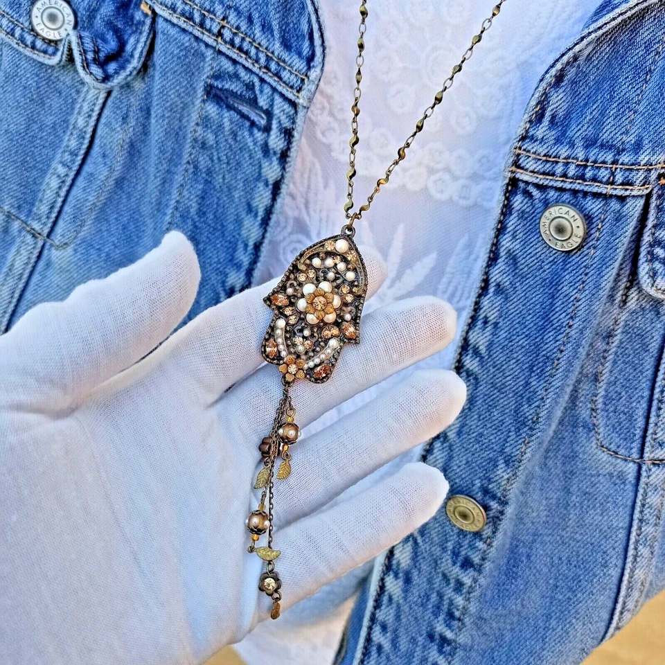 Collar Colgante Michal Negrin Hamsa Perlas Largas Grandes Swarovski y Cristales Regalo Foto 2 de 4
