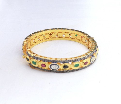925 Sterling Silver Polki Ruby Emerald Sapphire Pave Diamond Bangle Jewelry Gift - Picture 9 of 14
