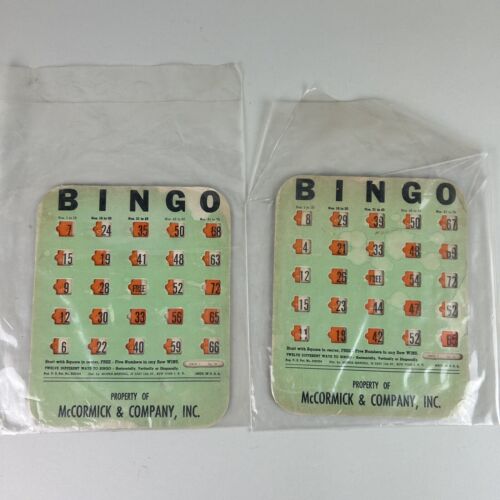 2 Vintage McCormick & Company Inc wiederverwendbare Bingo-Karten Schiebe orange Verschluss - Bild 1 von 7