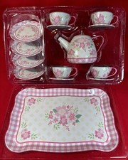 Schylling 15 Piece Tin Tea Set Fancy Tea Teapot Teacups/Saucers Pink Flower 2017