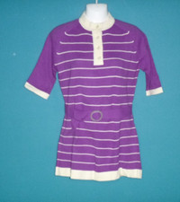 Vtg 70s Full Fashioned Purple  Off White Belted Tunic Sweater Sz M/L