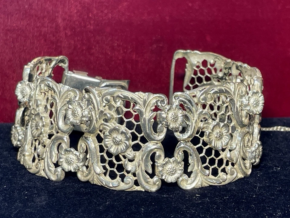 PULSERA PLATA ESTERLINA PANEL FLORAL ANCHO DISEÑADOR FIRMADA DANECRAFT 70 GRS Foto 2 de 4