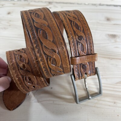 Vtg Don Mark Belt Mens Medium Light Brown Leather Tooled Western Cowboy B158