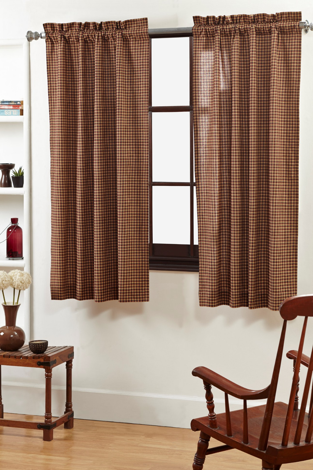 Patriotic Patch Rustic Country Red Plaid Curtains 2 Lined Panels w/ Tie Backs