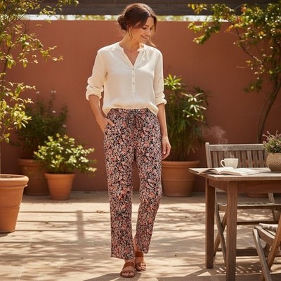 Floral Plissé Pleated Wide Leg Pants Pink Black Elastic band Waist Drawstring L
