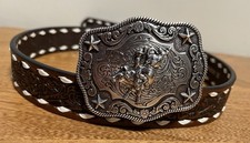 NOCONA LTHR Belt W/White Buckstitching and Bull Rider Buckle 30  NWOT