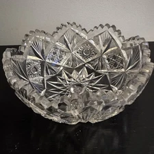American Brilliant Period (ABP) Cut Glass Bowl 7” DM Hobstar Motif W Saw Tooth