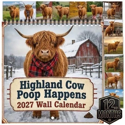 2027 Highland Cow Wall Calendar,12 Months Farm Cow Art Wall Hanging Calendar
