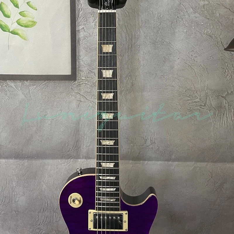 LP Purple Electric Guitar HH Pickups Chrome Parts Quilty Maple Top Mahogany Body - Image 4 of 4