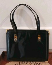 Koret Vintage 50's 60s Black Leather Structured Handbag Red Interior Coin Purse