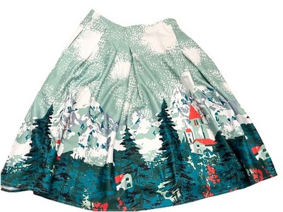 Grace Karin Skyline Green Alpine Ski Novelty Print Pleated Skirt Mountains Sz M