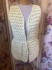 Crochet Open Knit Vest 70s Tie Front Boho Grannycore Light Yellow Retro Hippie