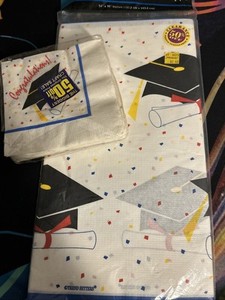 Vintage 1980’s Graduation Beverage Napkins New 30 Pc, Matching Tablecloth 54x96”