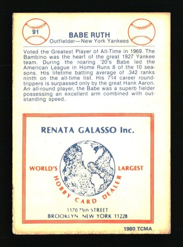 1980 Galasso Glossy Greats #91 Babe Ruth New York Yankees - Picture 2 of 2
