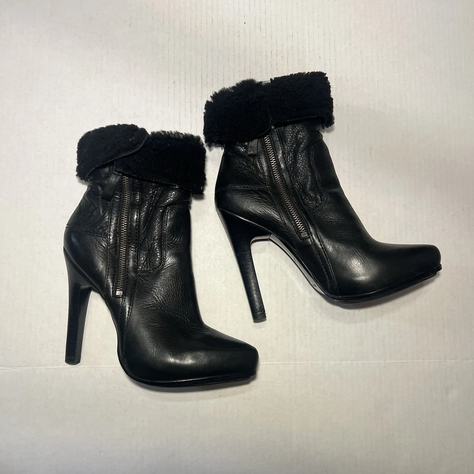 现代复古女式 37.5/US 7 黑色皮革高跟剪绒靴 — 第 2/4 张图片
