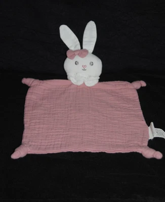 🍀Doudou Plat Lapin Rose Lange MATHILDE M Coton Gaze Col Blanc TTBE - Photo 1/2
