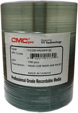 CMC Pro -Powered by TY 48X CD-R, White Inkjet Hub Printable, 100 Disc Tape Wrap,