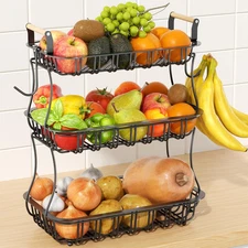 3 Tier Fruit Basket for Kitchen Counter, Fruit Bowl with 2 Banana Hooks Mesh Top