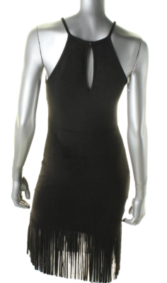 AQUA ~ Black Fringe Hem Halter Neck Keyhole Back Sheath Party Dress S NEW AQUA ~ Black Fringe Hem Halter Neck Keyhole Back Sheath Party Dress S NEW